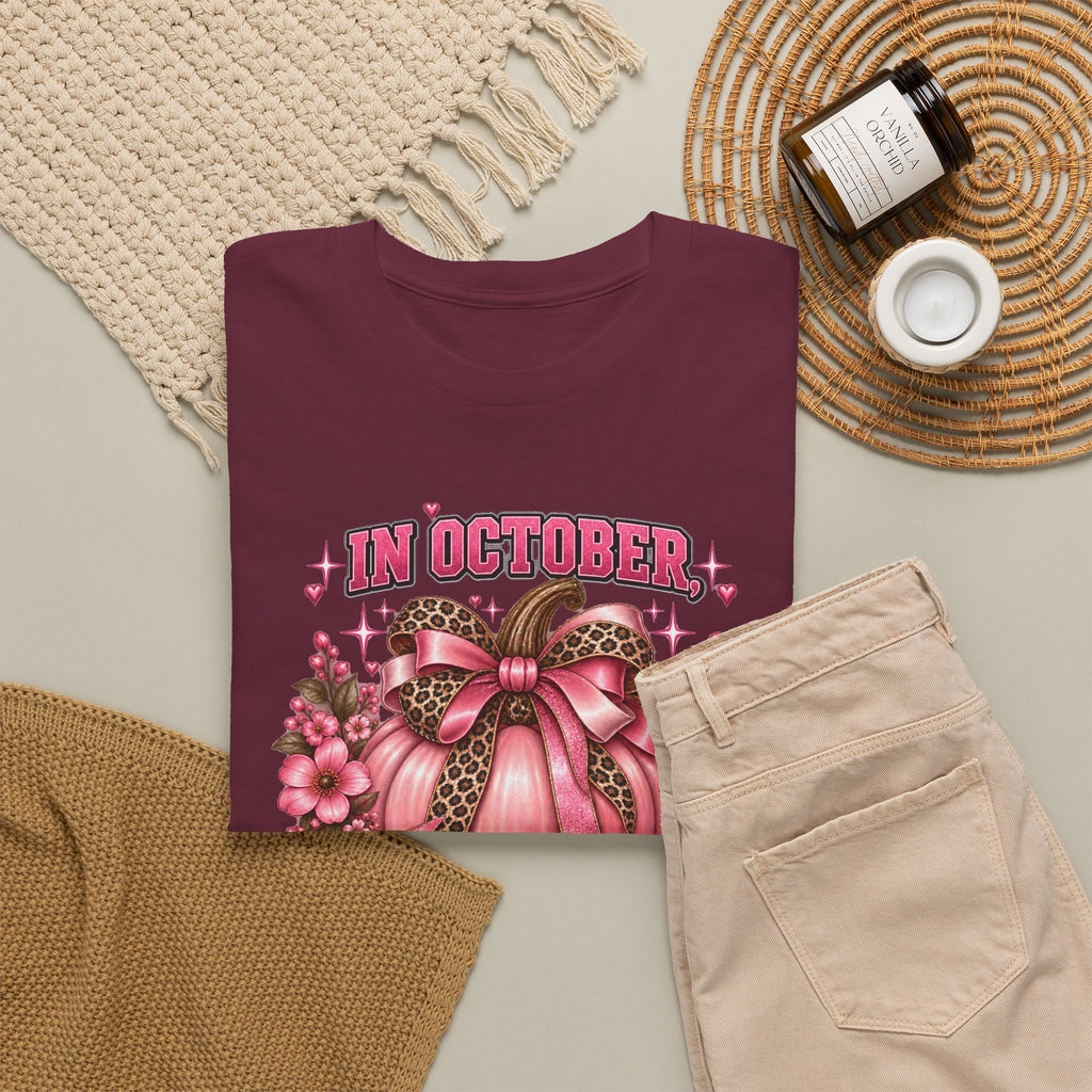 Breast Cancer Awareness T-Shirt — "In October We Wear Pink" Pumpkin Design