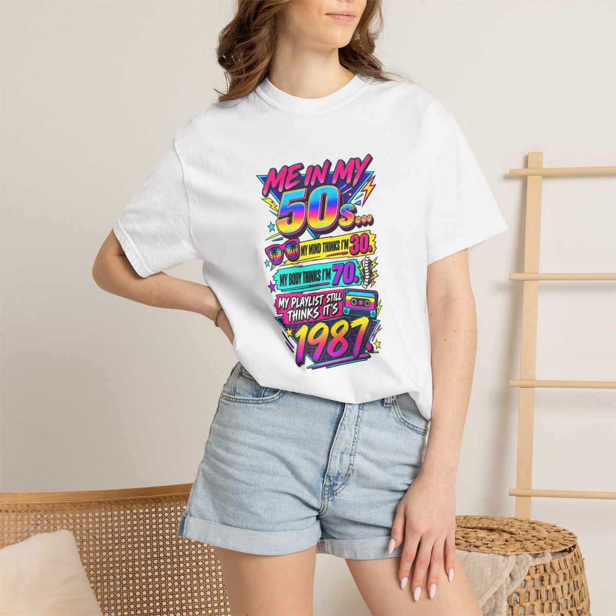 50th Birthday T-Shirt — "Me in My 50s... My Playlist Still Thinks It’s 1987" Retro Graphic Tee