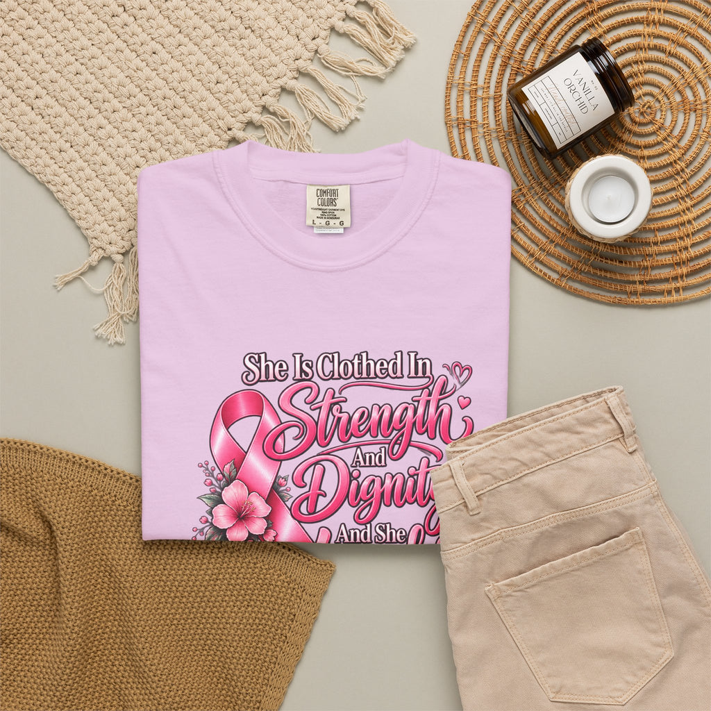 Breast Cancer Awareness T-Shirt — "She is Clothed in Strength" Pink Ribbon Tee