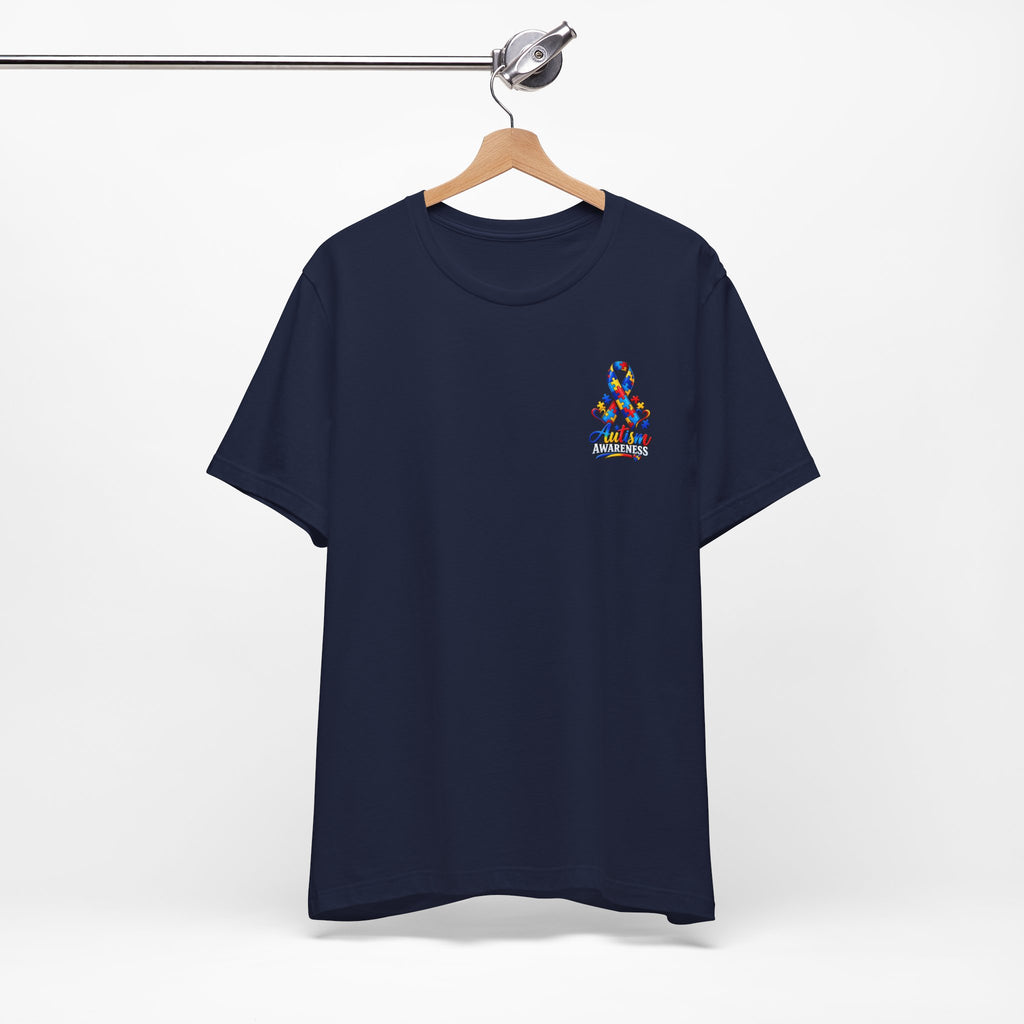 Autism Awareness Ribbon Chest Tee — 'Different, Not Less' Short Sleeve T-Shirt