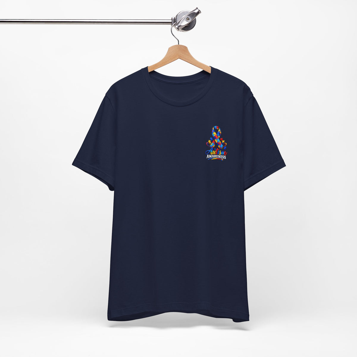 Autism Awareness Ribbon Chest Tee — 'Different, Not Less' Short Sleeve T-Shirt