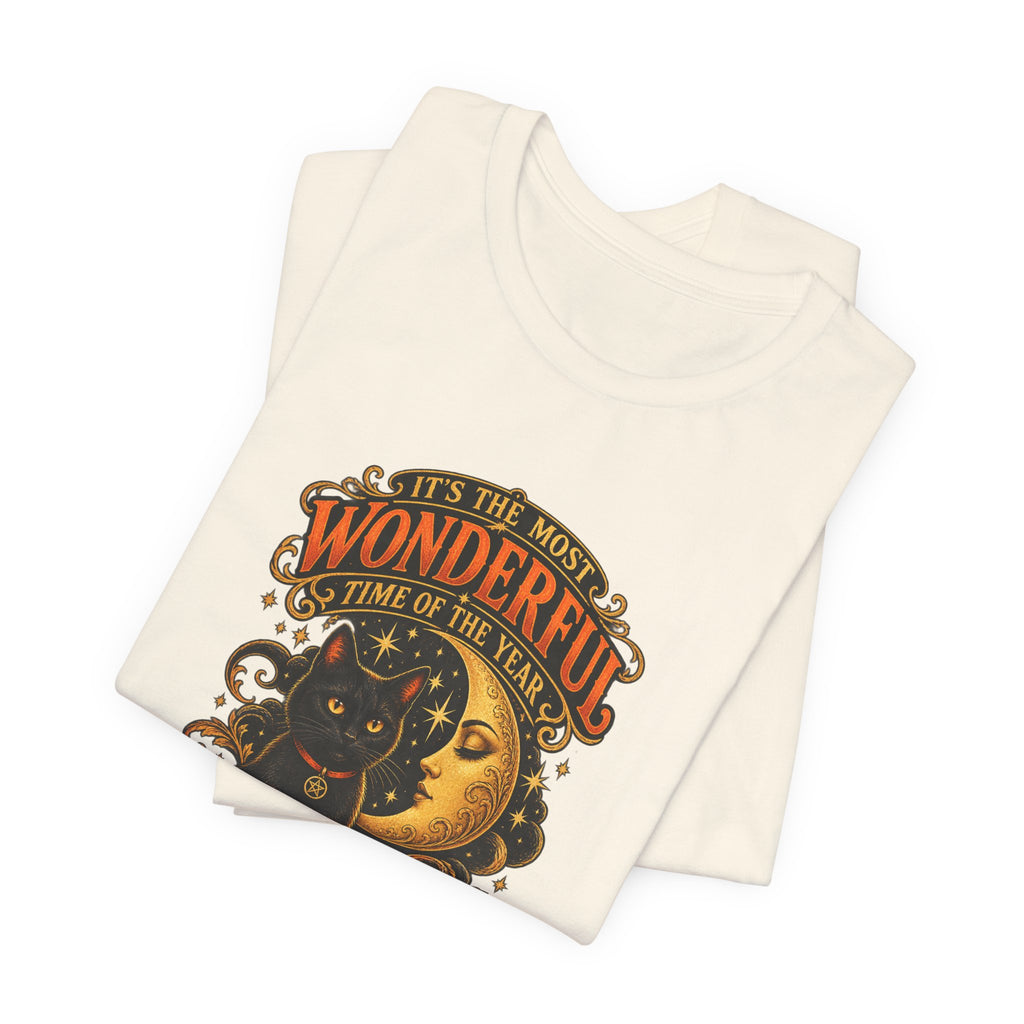 Halloween Cat Tee — "It's the Most Wonderful Time of the Year" Pumpkin & Moon Shirt