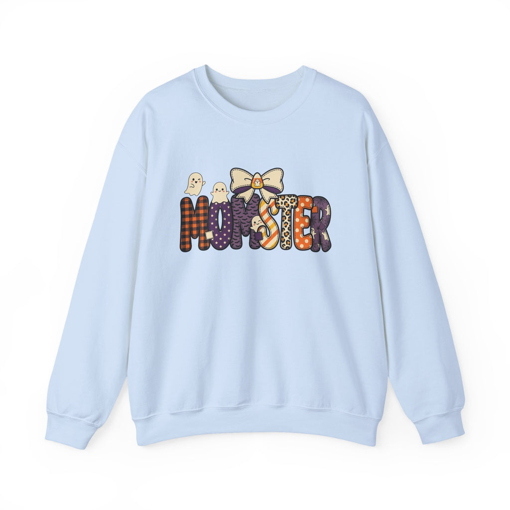 Momster Halloween Sweater | Momster Crewneck Sweatshirt, Halloween mom, purple orange spooky lettering