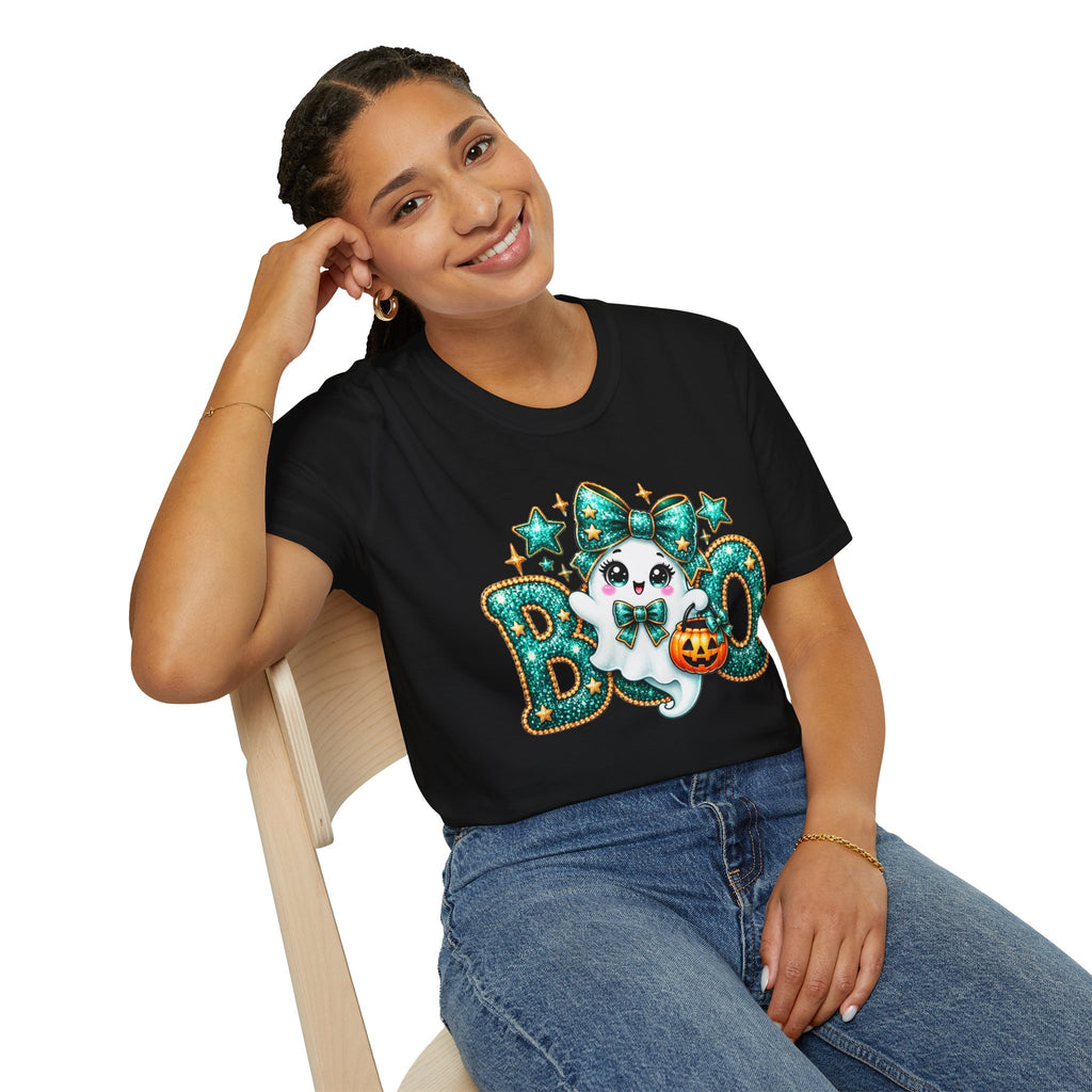 Boo Ghost Graphic T-Shirt — Cute Teal Glitter Halloween Tee