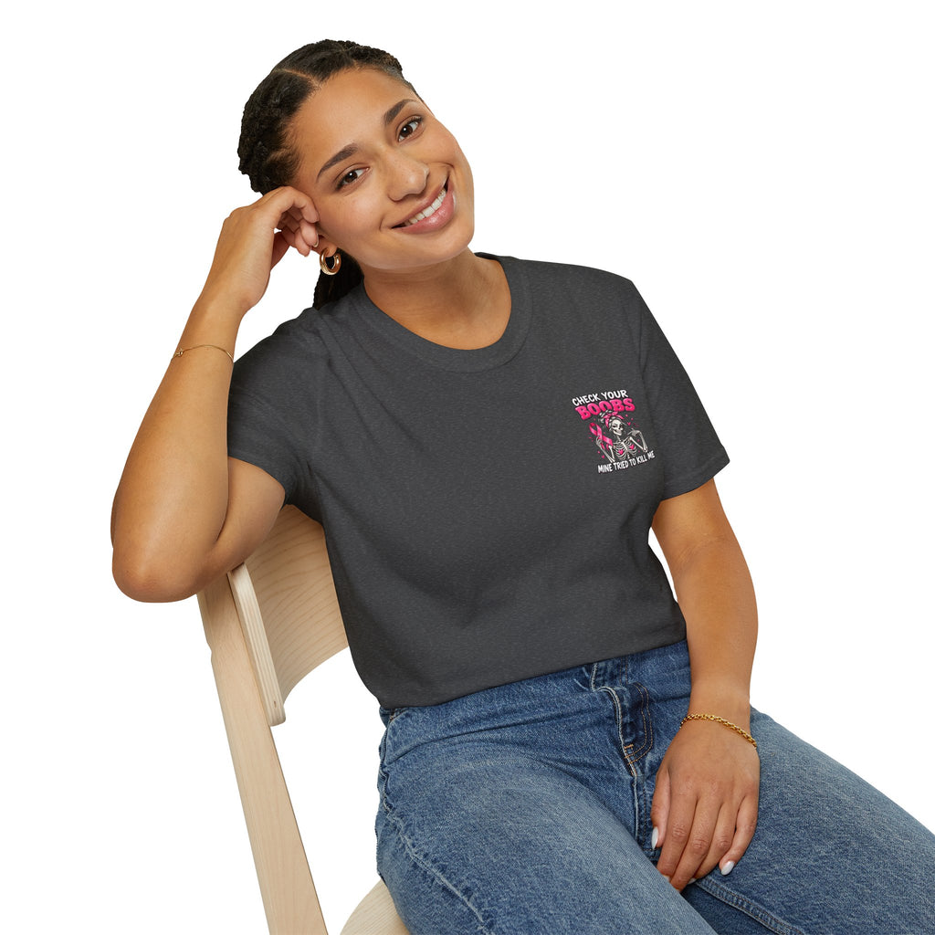 Breast Cancer Awareness T-Shirt — “Check Your Boobs, Mine Tried to Kill Me” Graphic Tee