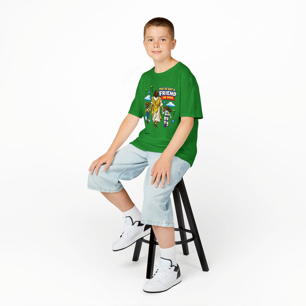 Kids Tee — "You've Gotta Friend in Him" Inspirational Jesus & Toy Friends Graphic