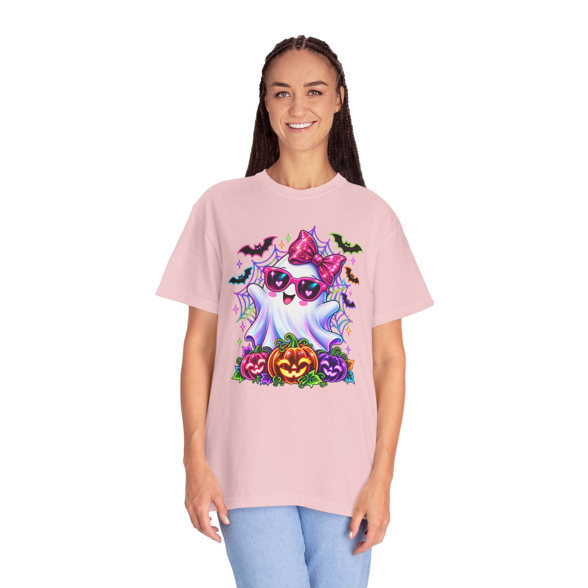 Cute Halloween Ghost T-Shirt — Pink Bow Ghost with Sunglasses & Pumpkins