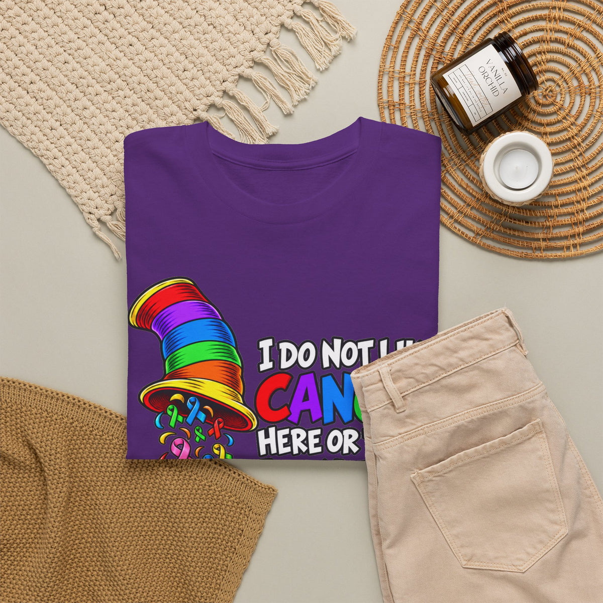Cancer Awareness T-Shirt — “I Do Not Like Cancer Here or There” Rainbow Ribbon Tee