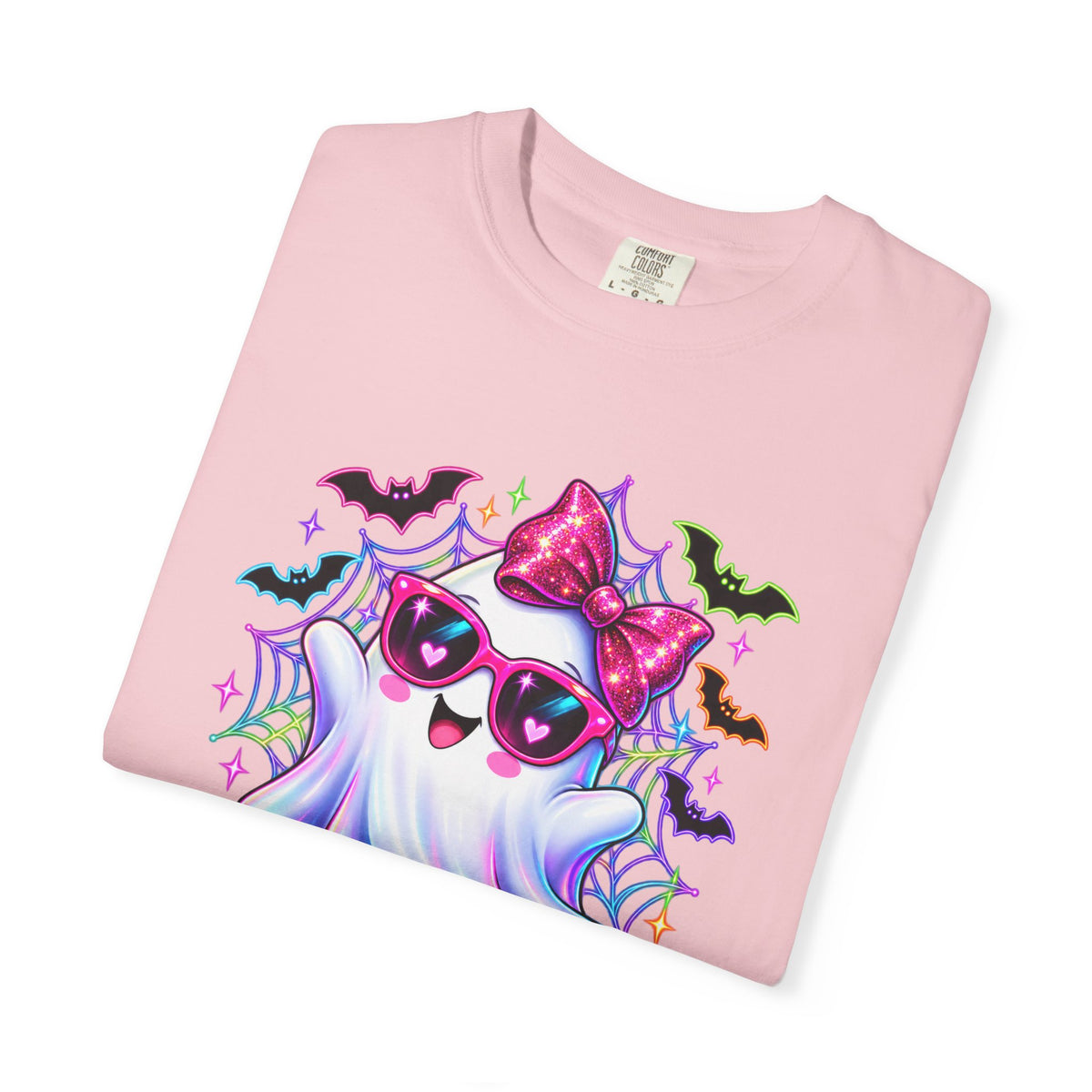 Cute Halloween Ghost T-Shirt — Pink Bow Ghost with Sunglasses & Pumpkins