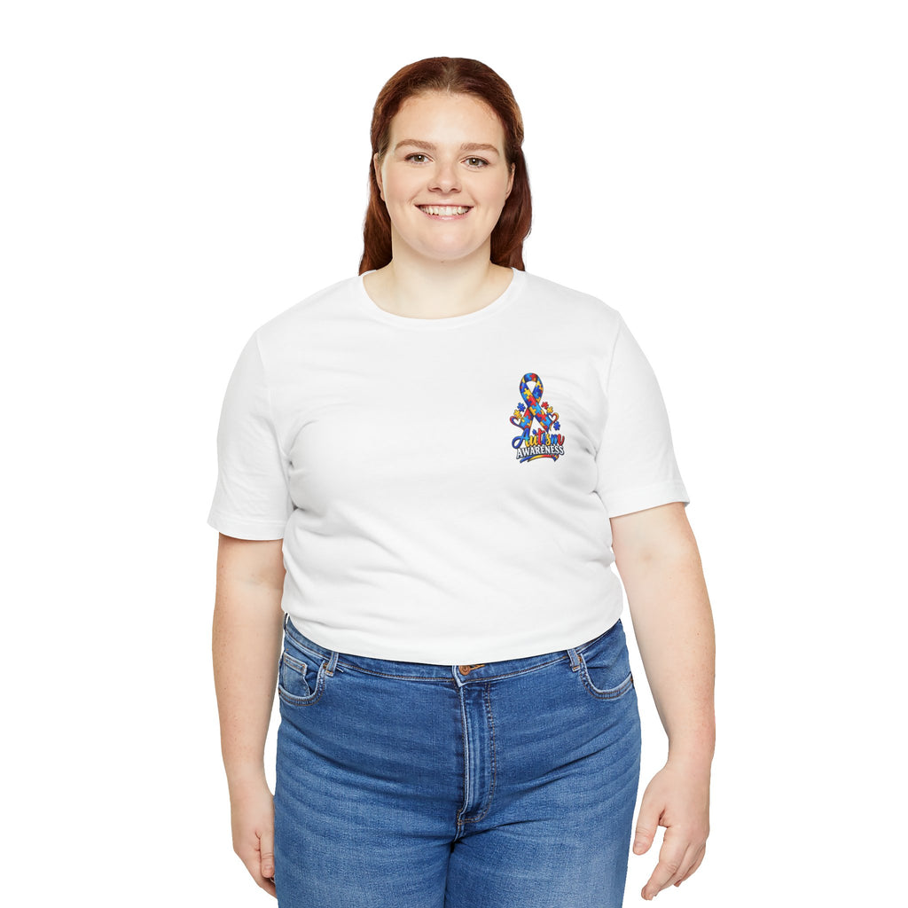 Autism Awareness Ribbon Chest Tee — 'Different, Not Less' Short Sleeve T-Shirt