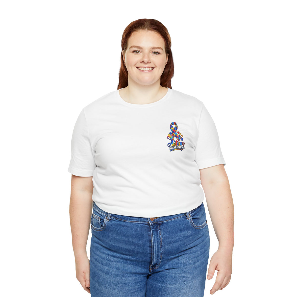 Autism Awareness Ribbon Chest Tee — 'Different, Not Less' Short Sleeve T-Shirt