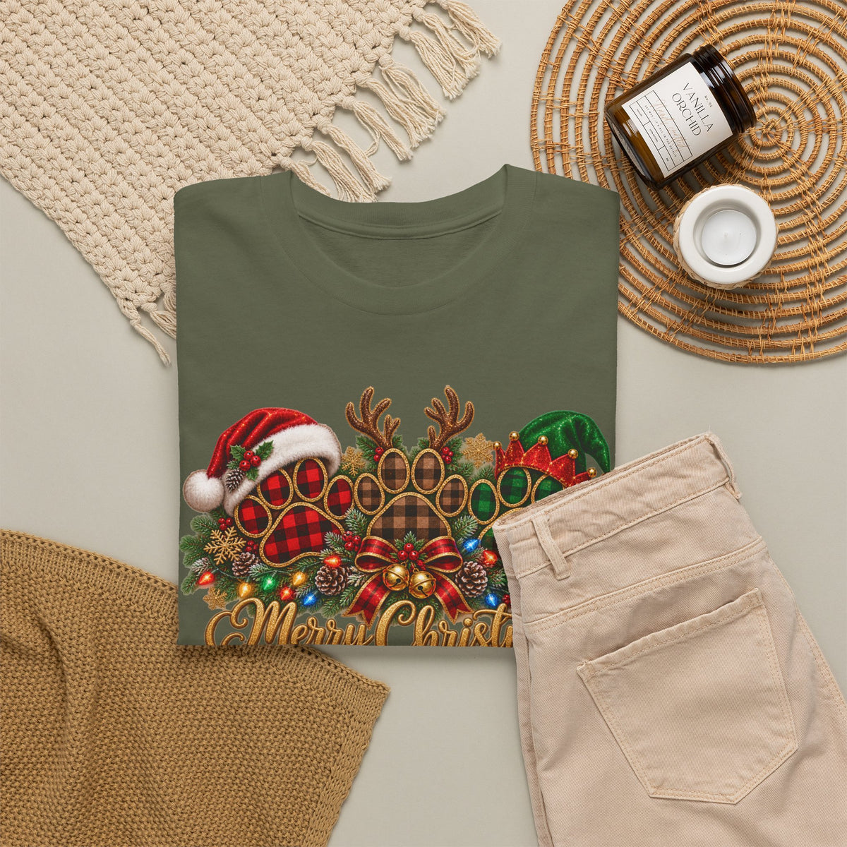 Merry Christmas Paw Prints Holiday Graphic Tee