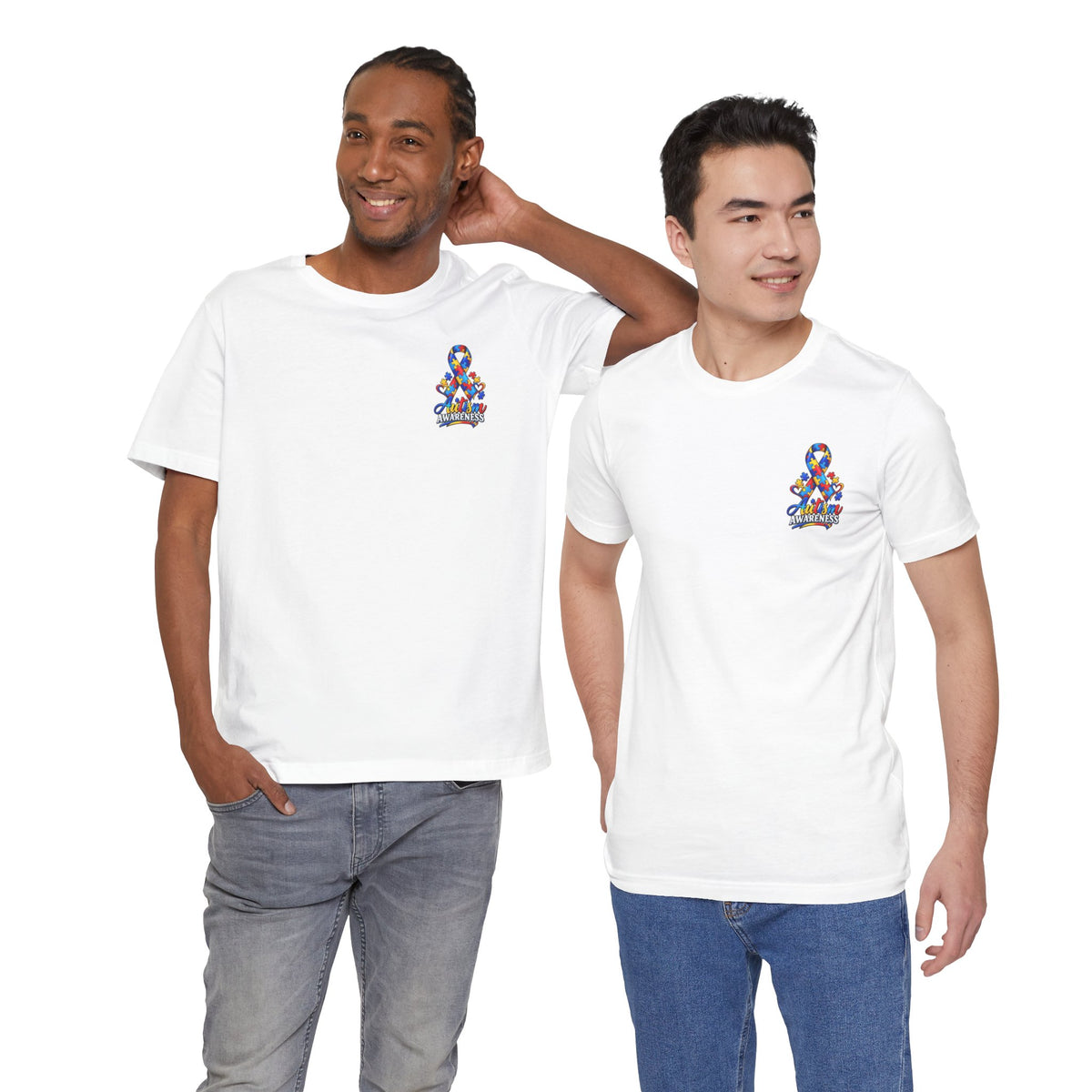 Autism Awareness Ribbon Chest Tee — 'Different, Not Less' Short Sleeve T-Shirt