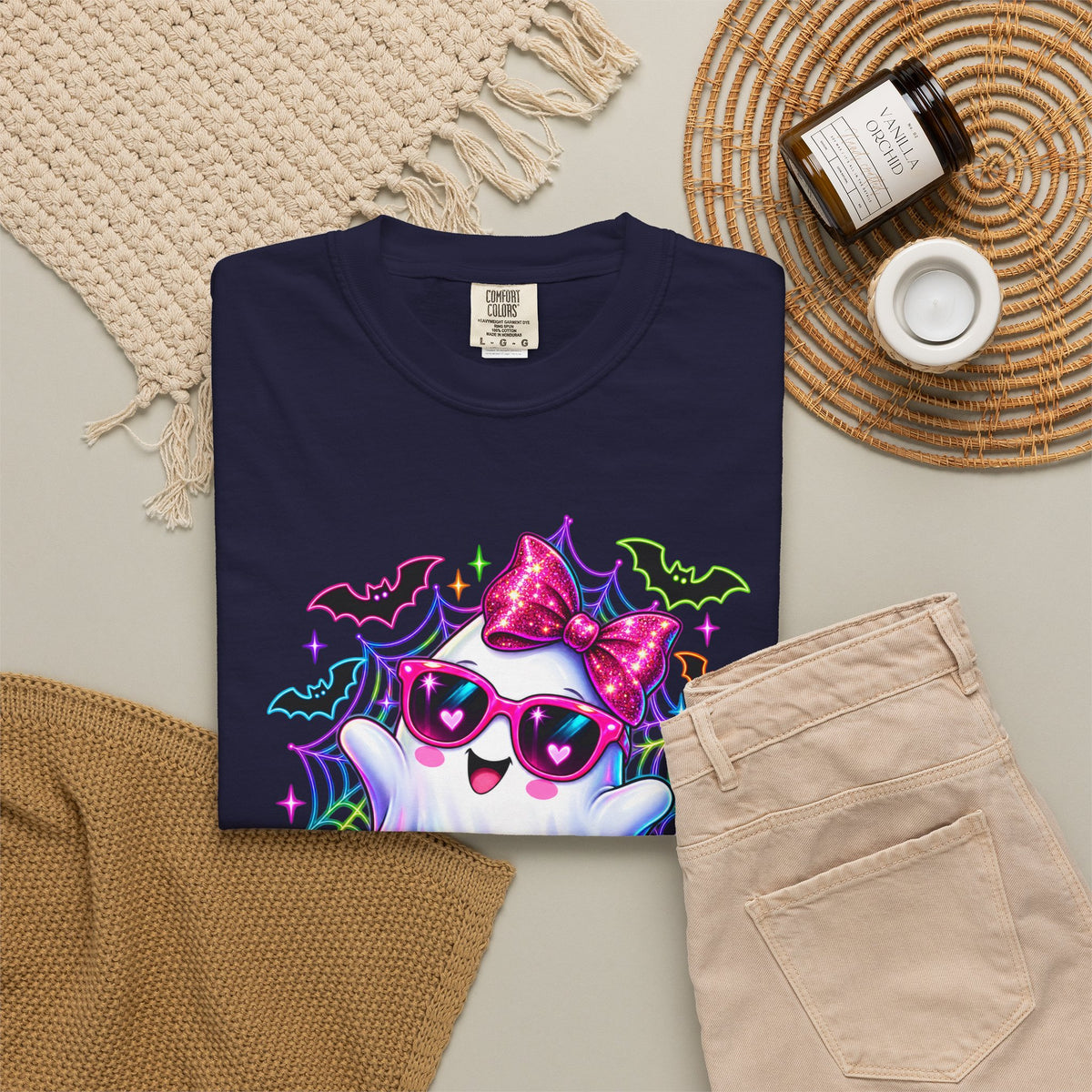 Cute Halloween Ghost T-Shirt — Pink Bow Ghost with Sunglasses & Pumpkins