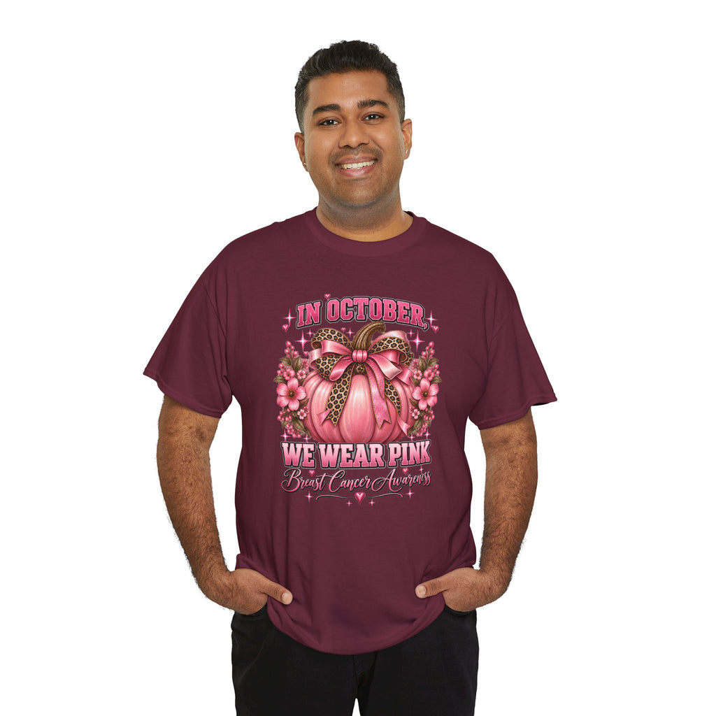 Breast Cancer Awareness T-Shirt — "In October We Wear Pink" Pumpkin Design