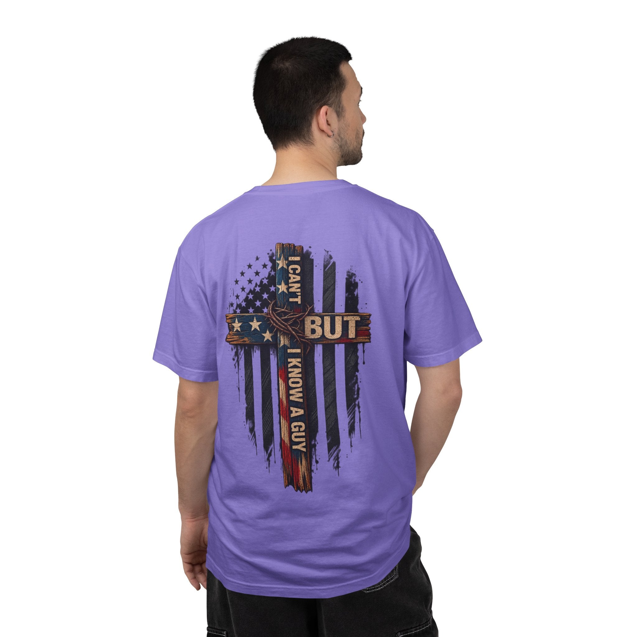 T-Shirt — 'I Can't But I Know A Guy' American Flag Cross Graphic
