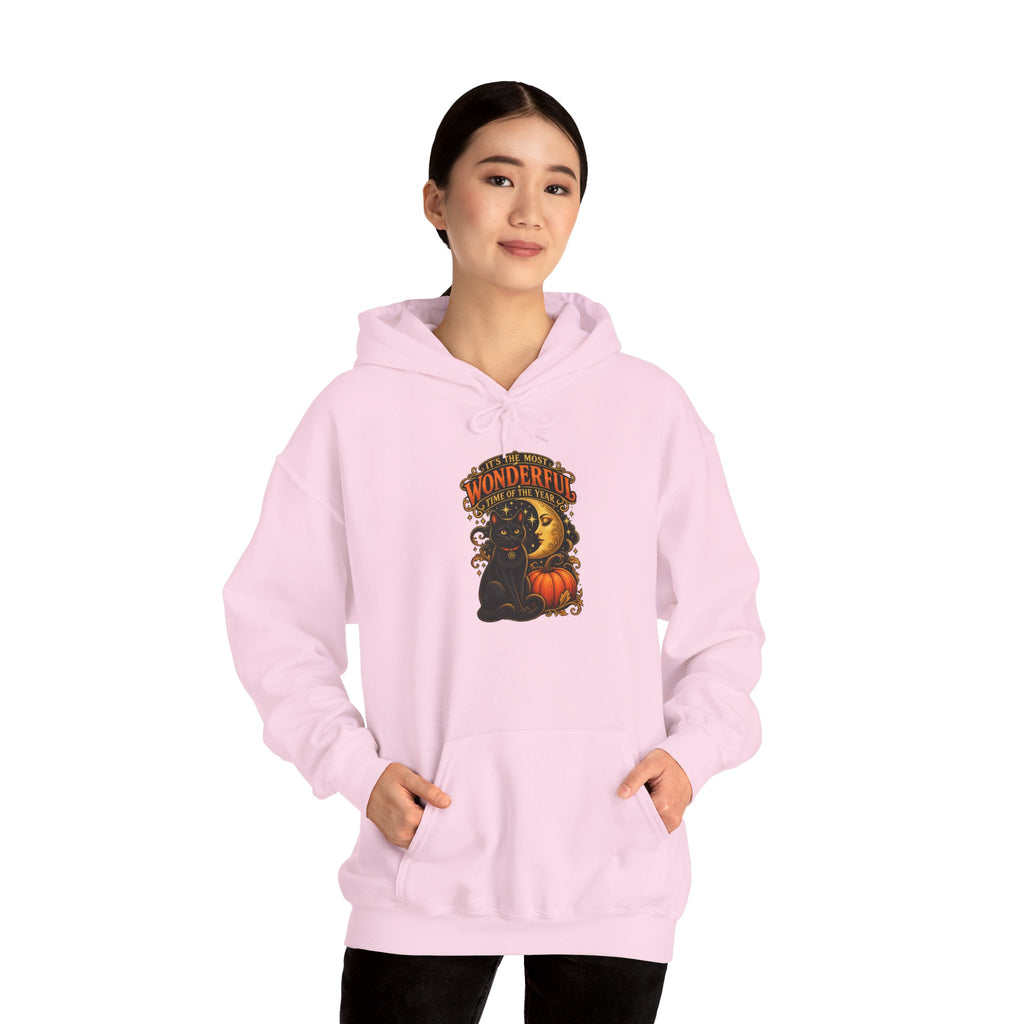 Halloween Black Cat Moon Hoodie – Vintage Pumpkin & Crescent Moon Fall Sweatshirt