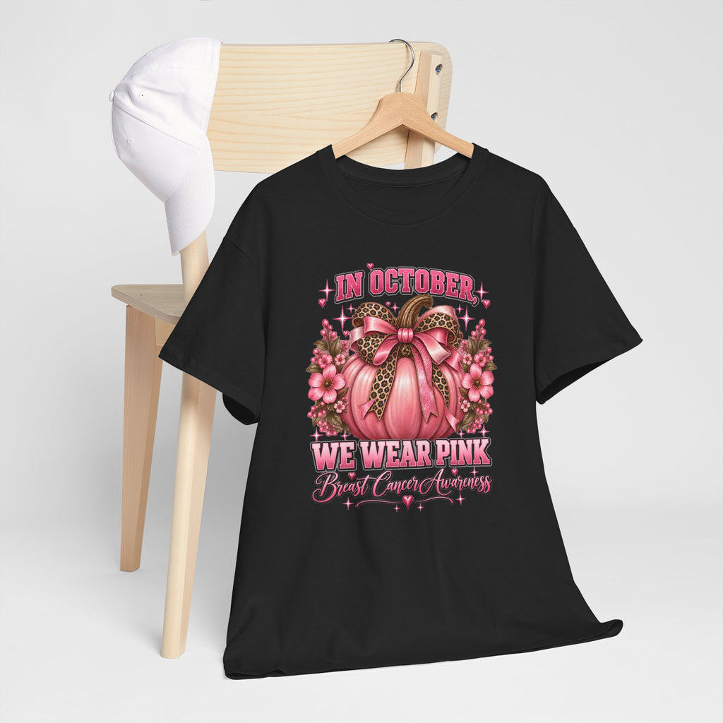 Breast Cancer Awareness T-Shirt — "In October We Wear Pink" Pumpkin Design