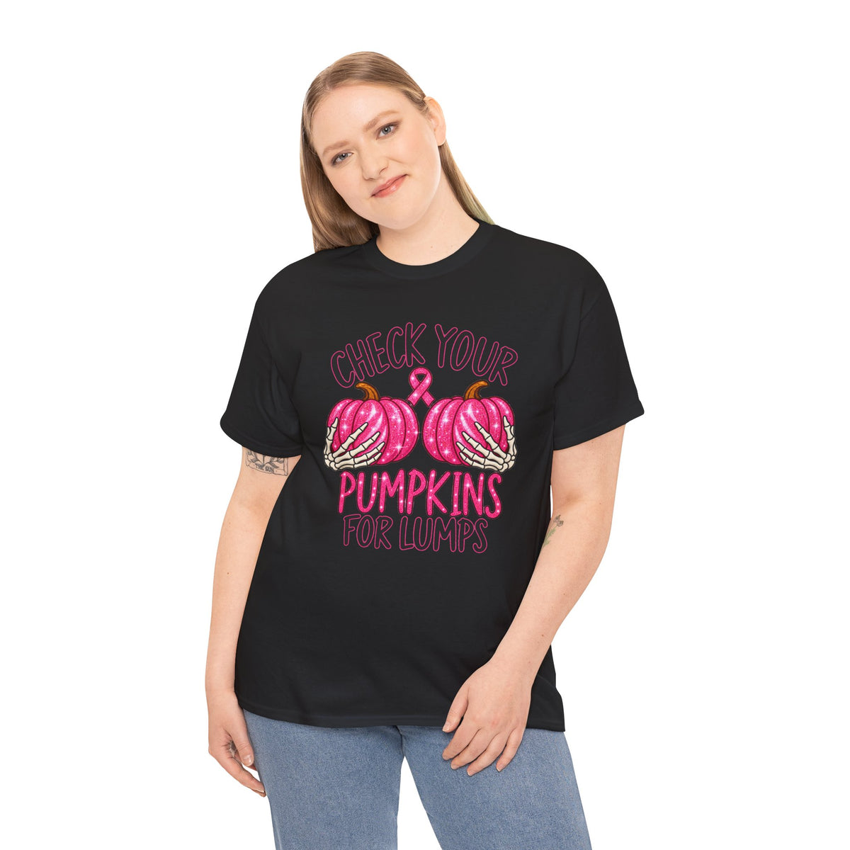 Breast Cancer Awareness T-Shirt — "Check Your Pumpkins for Lumps" Pink Ribbon Tee