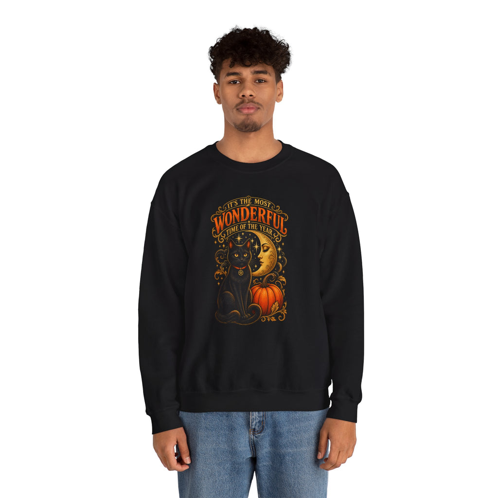 Vintage Halloween Sweatshirt - "It's the Most Wonderful Time of the Year" Black Cat & Moon Design