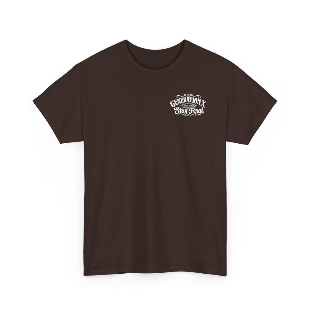 Generation X T‑Shirt — 'Stay Feral' Vintage Whiskey Label Tee (Born 1965–1980)