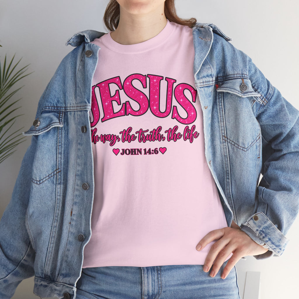 Christian T-Shirt — "JESUS The way, the truth, the life" (John 14:6) Pink Vintage Script