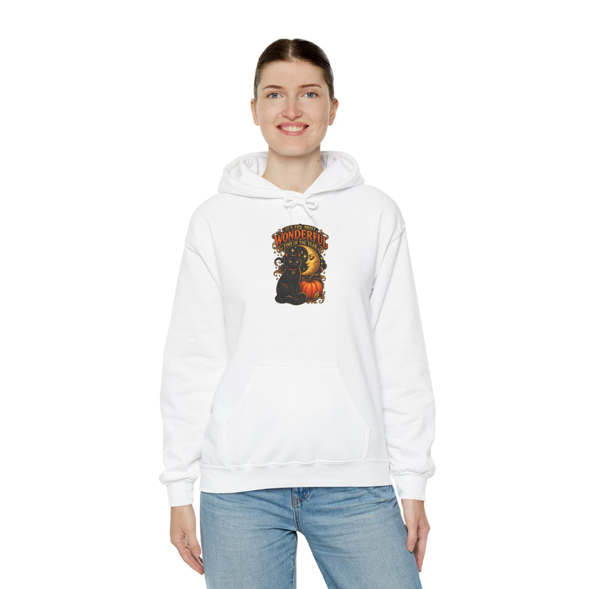 Halloween Black Cat Moon Hoodie – Vintage Pumpkin & Crescent Moon Fall Sweatshirt