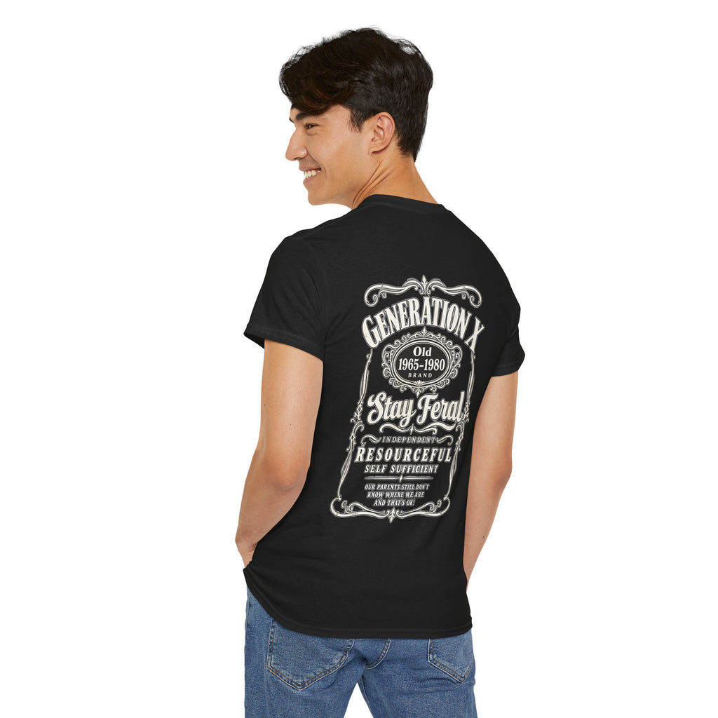 Generation X T‑Shirt — 'Stay Feral' Vintage Whiskey Label Tee (Born 1965–1980)