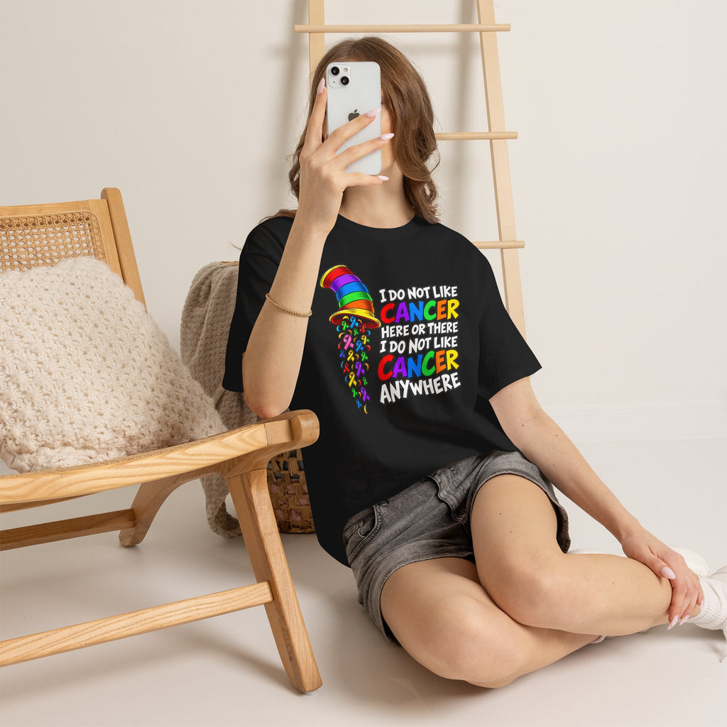Cancer Awareness T-Shirt — “I Do Not Like Cancer Here or There” Rainbow Ribbon Tee