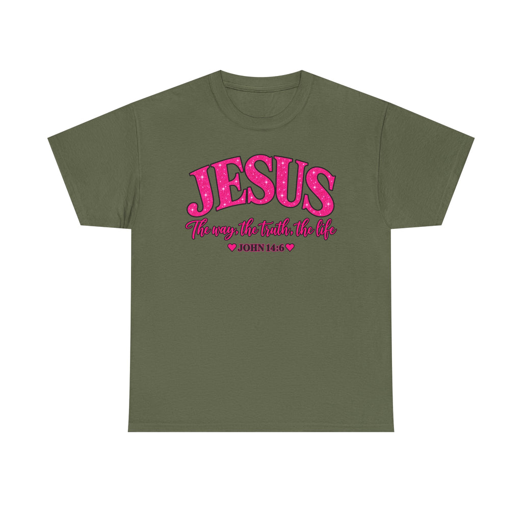 Christian T-Shirt — "JESUS The way, the truth, the life" (John 14:6) Pink Vintage Script