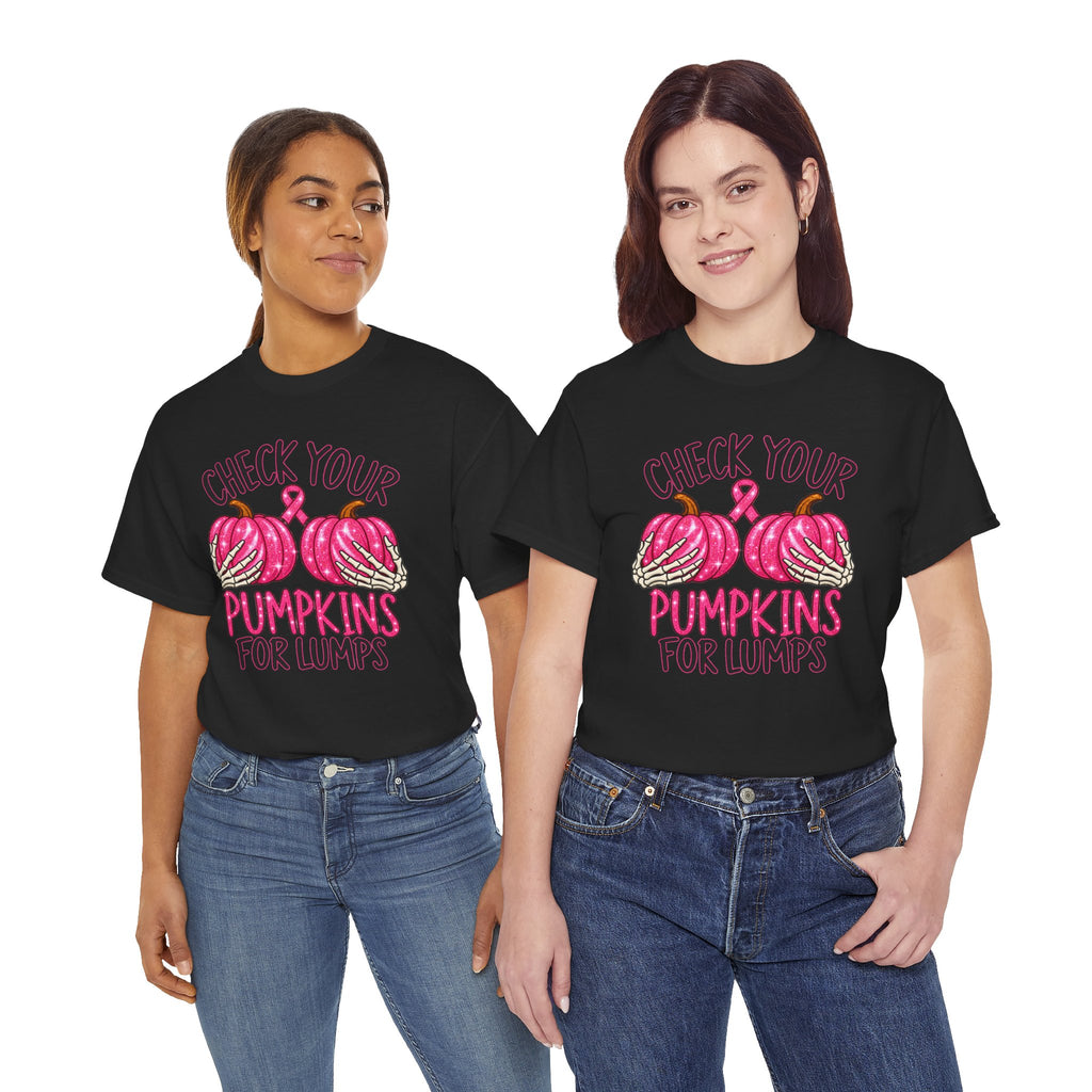 Breast Cancer Awareness T-Shirt — "Check Your Pumpkins for Lumps" Pink Ribbon Tee