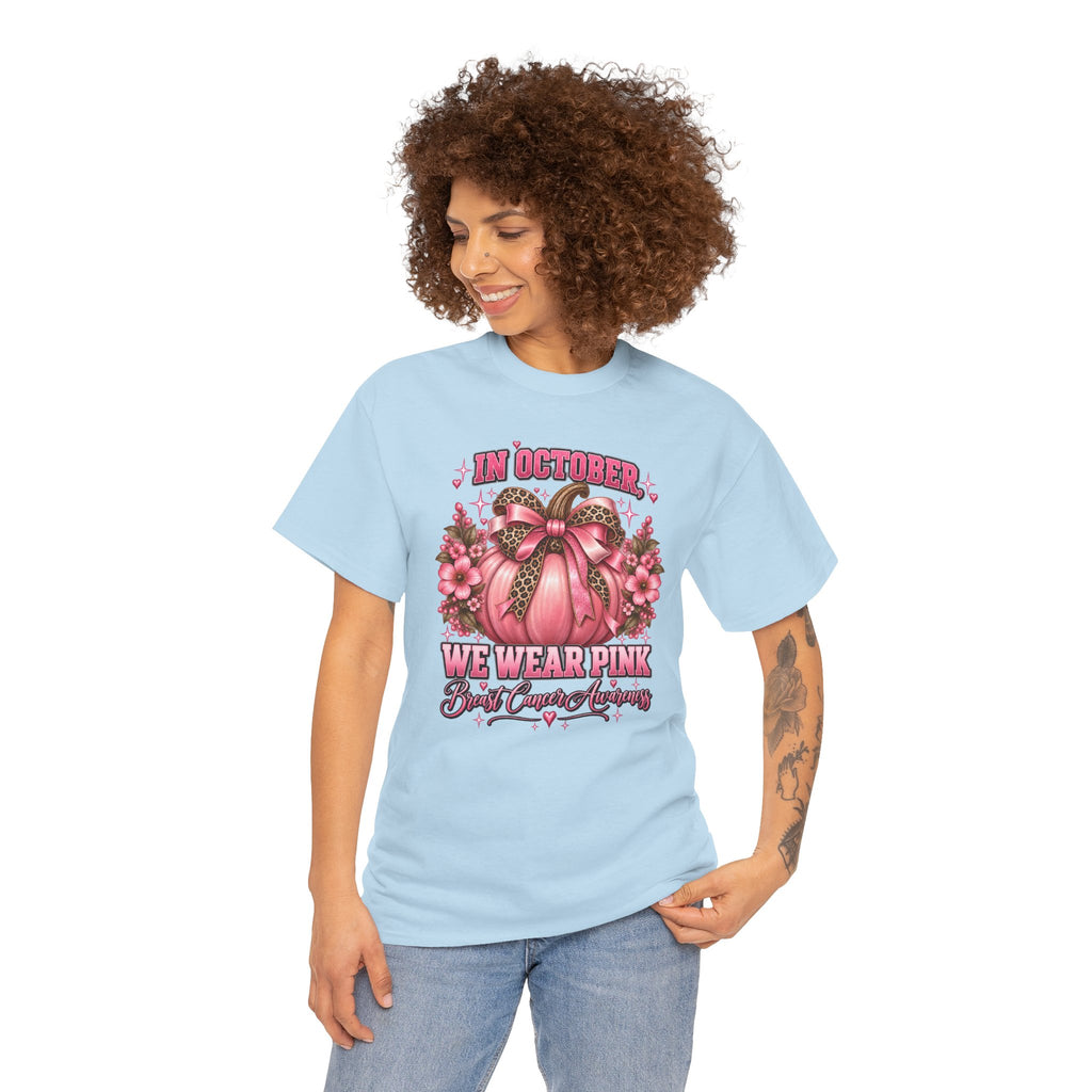 Breast Cancer Awareness T-Shirt — "In October We Wear Pink" Pumpkin Design