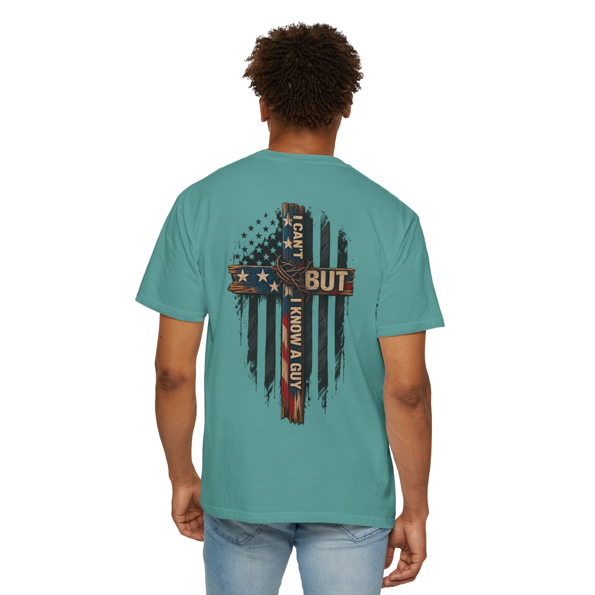 T-Shirt — 'I Can't But I Know A Guy' American Flag Cross Graphic
