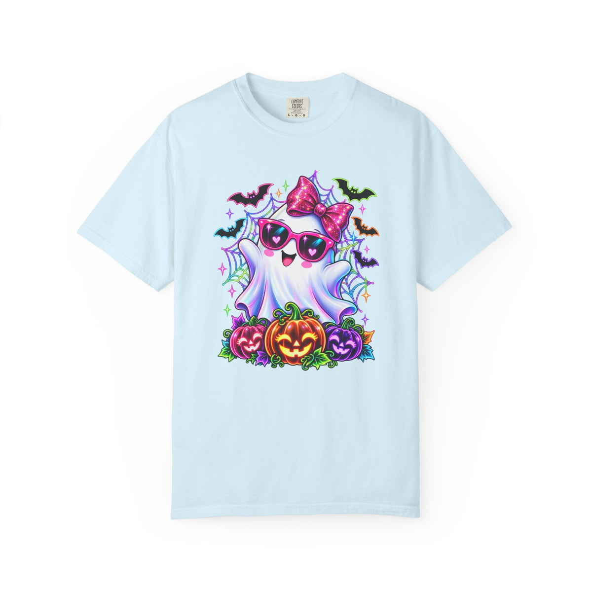 Cute Halloween Ghost T-Shirt — Pink Bow Ghost with Sunglasses & Pumpkins