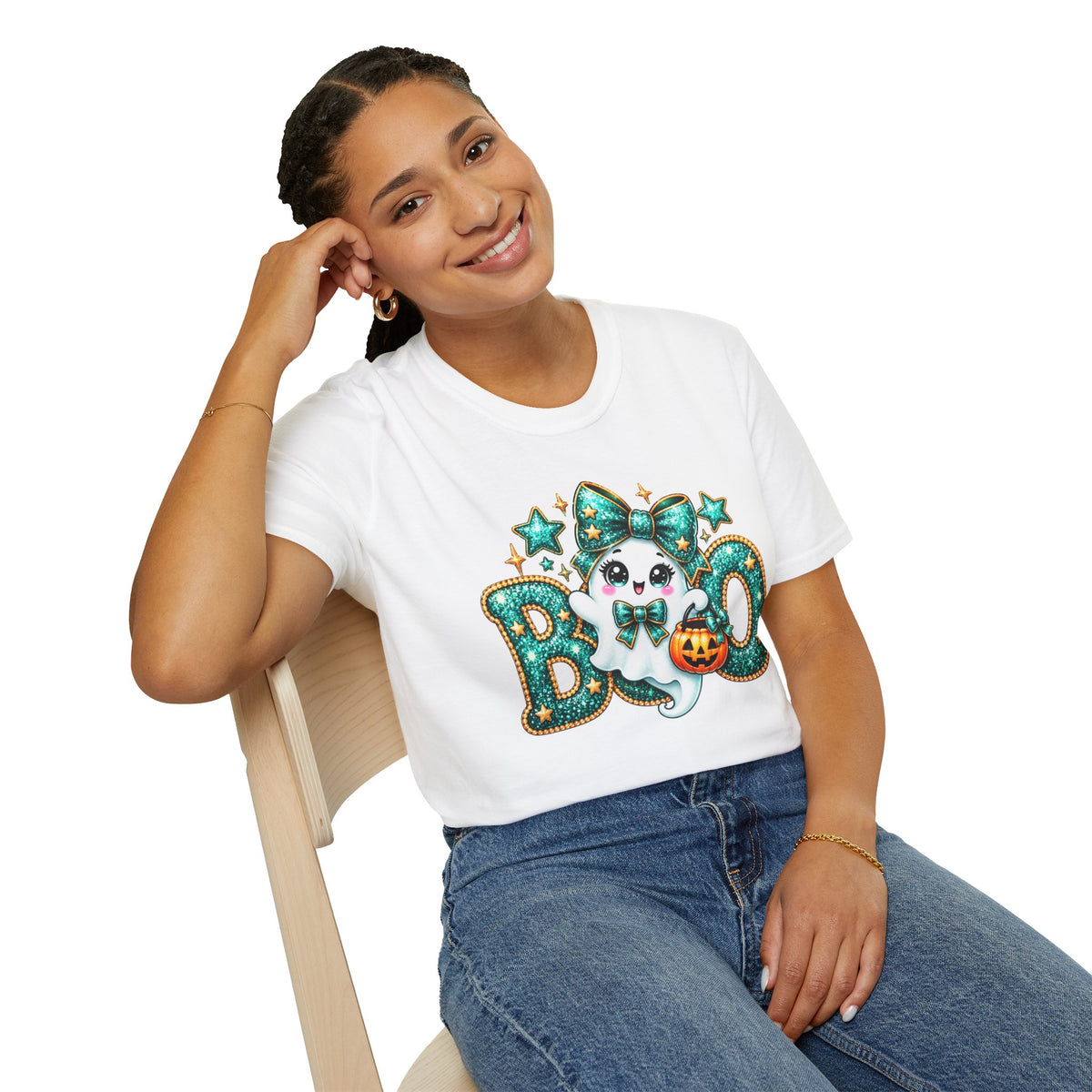 Boo Ghost Graphic T-Shirt — Cute Teal Glitter Halloween Tee