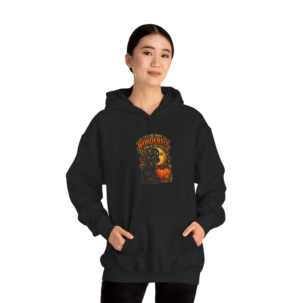 Halloween Black Cat Moon Hoodie – Vintage Pumpkin & Crescent Moon Fall Sweatshirt