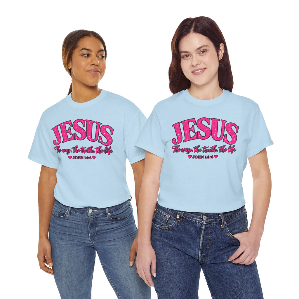Christian T-Shirt — "JESUS The way, the truth, the life" (John 14:6) Pink Vintage Script