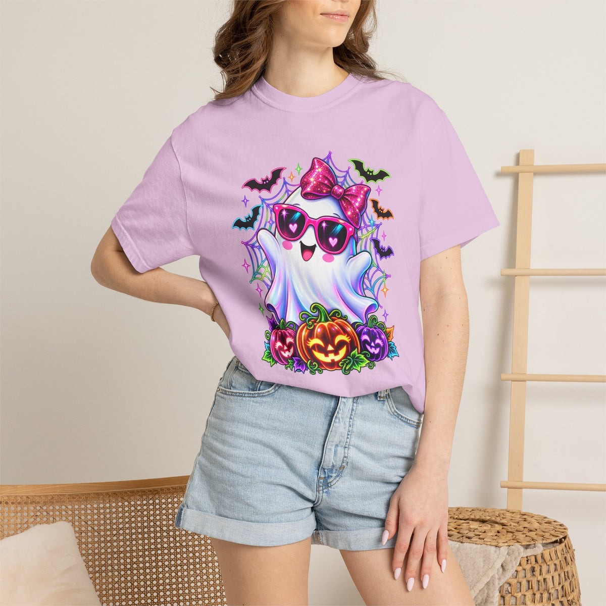 Cute Halloween Ghost T-Shirt — Pink Bow Ghost with Sunglasses & Pumpkins