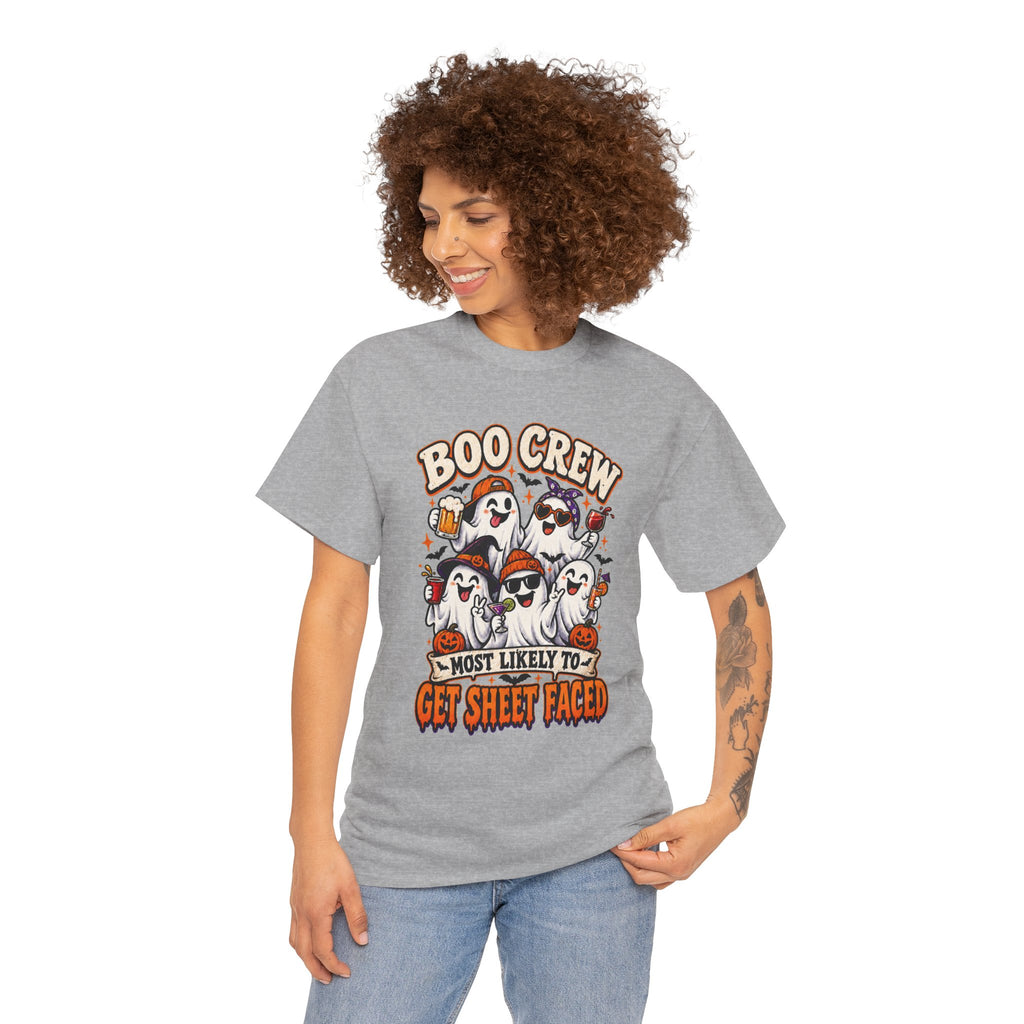 Boo Crew Halloween T-Shirt — “Most Likely to Get Sheet Faced” Funny Ghost Party Tee