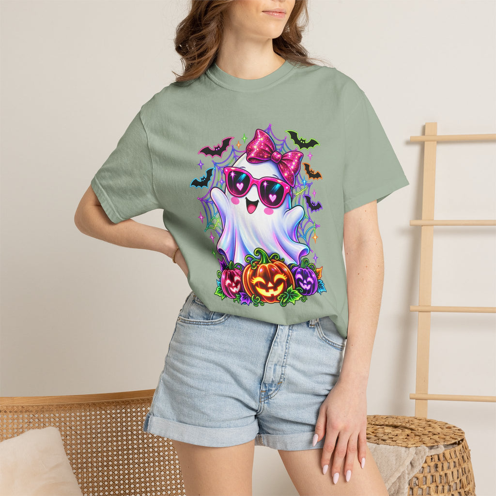Cute Halloween Ghost T-Shirt — Pink Bow Ghost with Sunglasses & Pumpkins