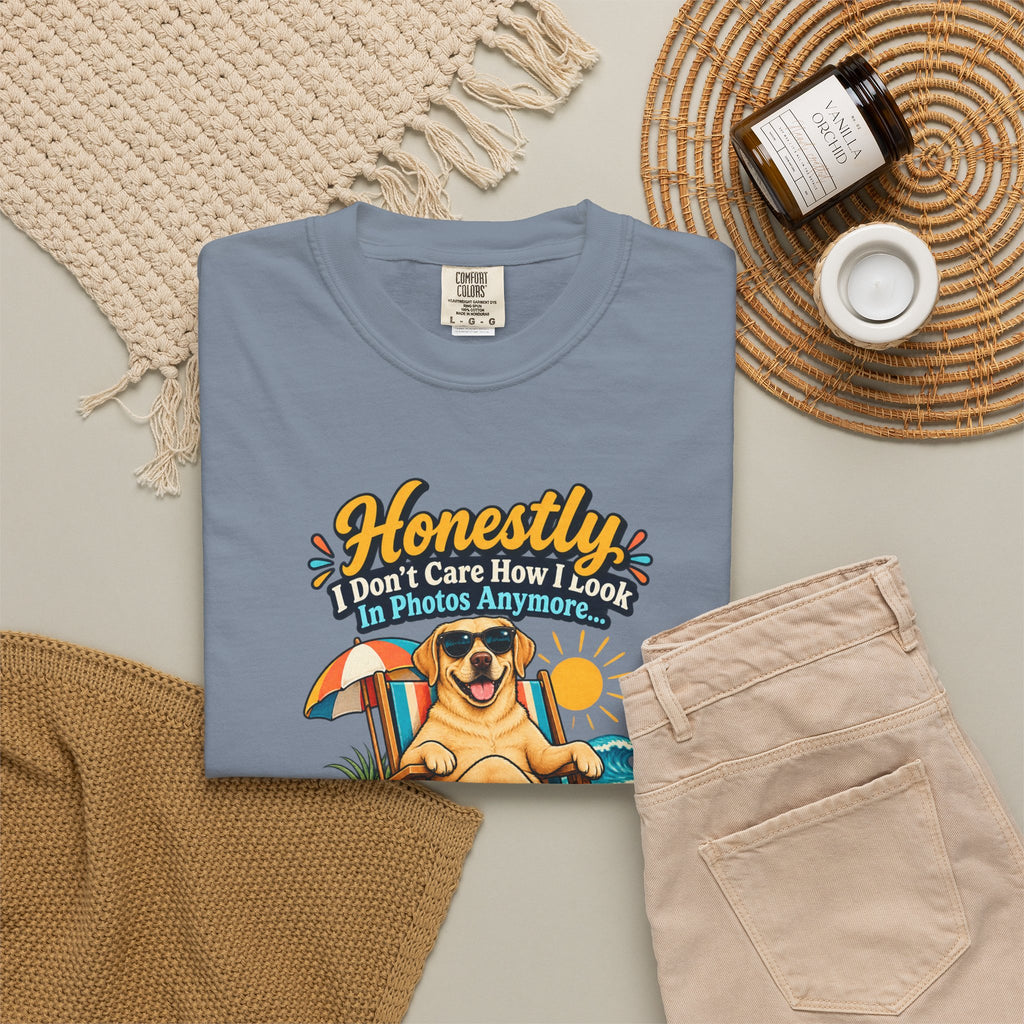 Honestly I Don’t Care How I Look In Photos Anymore T-Shirt — Funny Beach Dog Graphic Tee