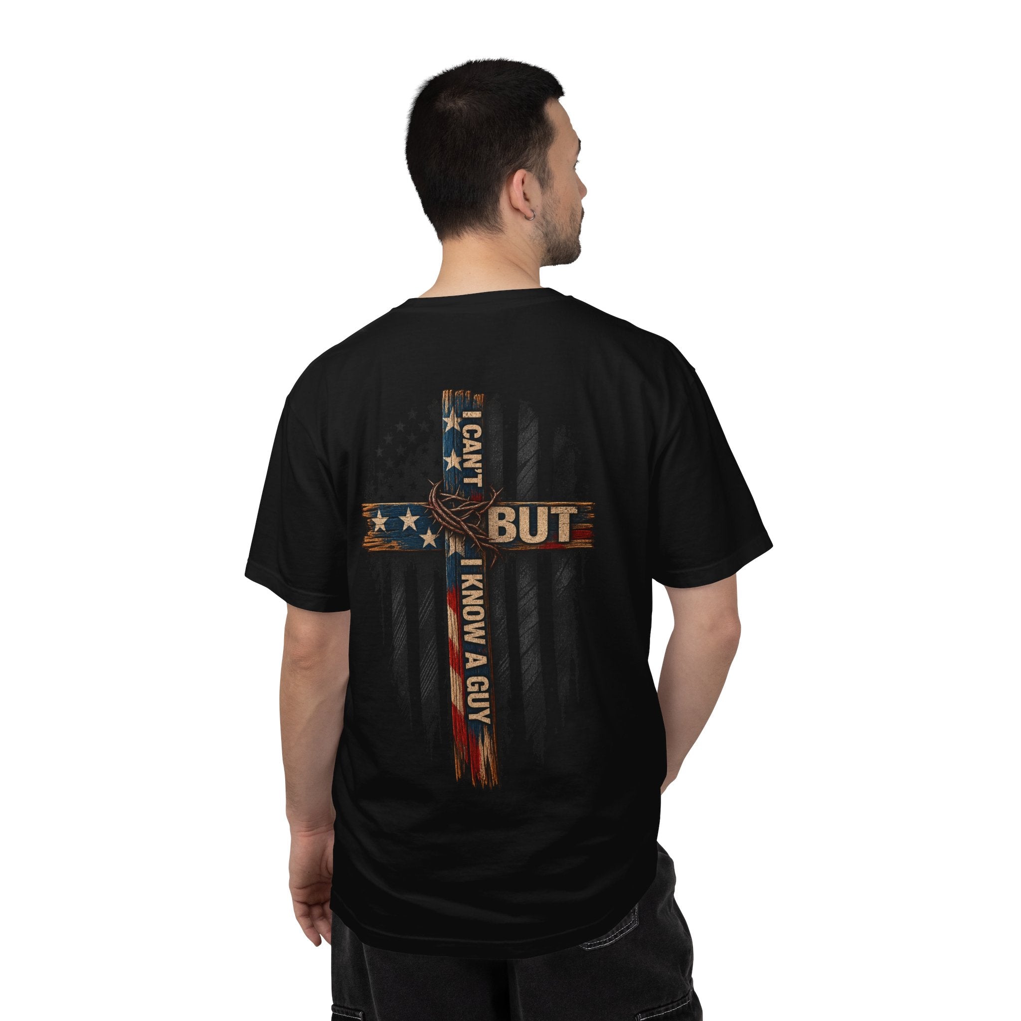T-Shirt — 'I Can't But I Know A Guy' American Flag Cross Graphic