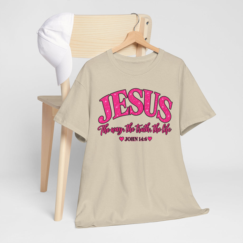 Christian T-Shirt — "JESUS The way, the truth, the life" (John 14:6) Pink Vintage Script