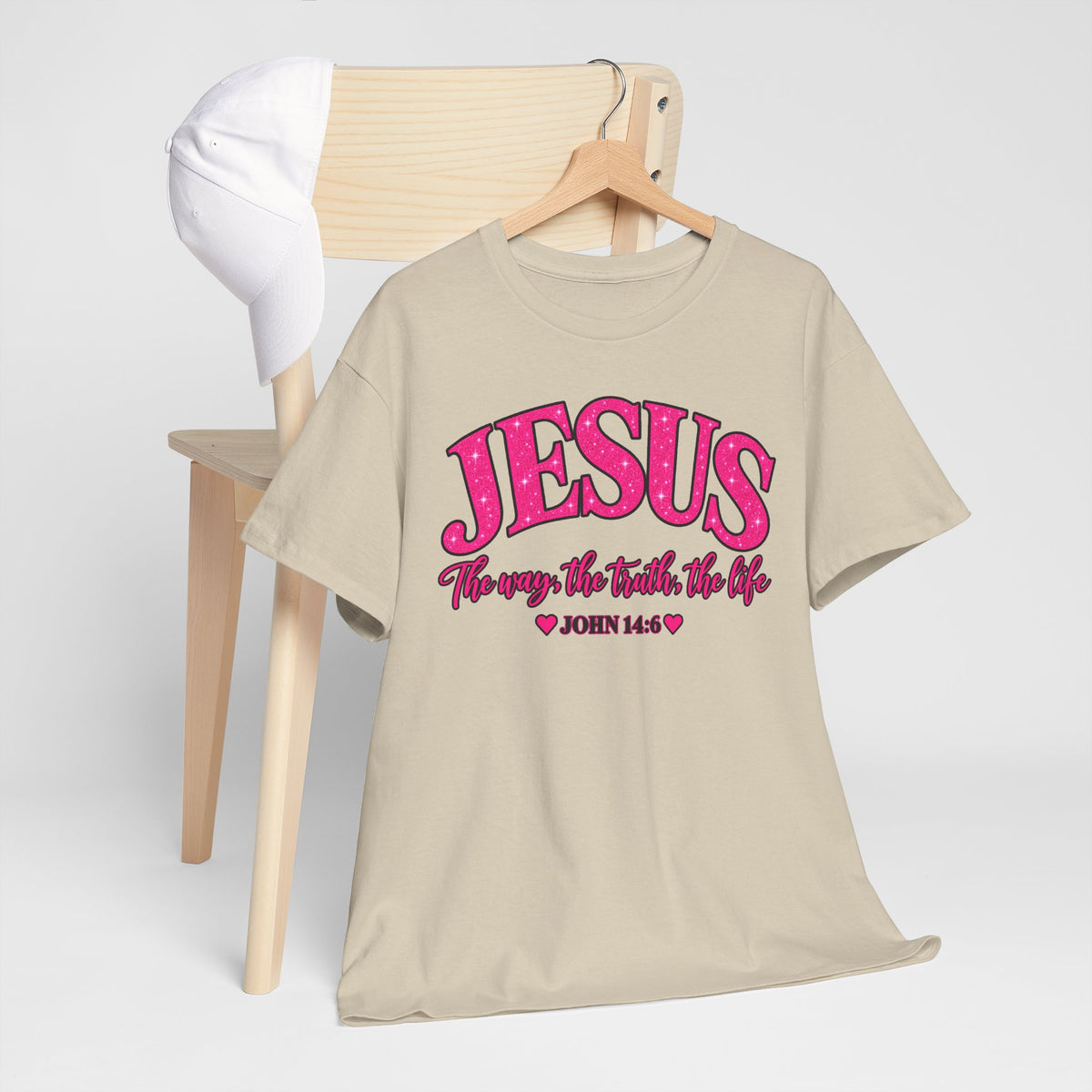 Christian T-Shirt — "JESUS The way, the truth, the life" (John 14:6) Pink Vintage Script