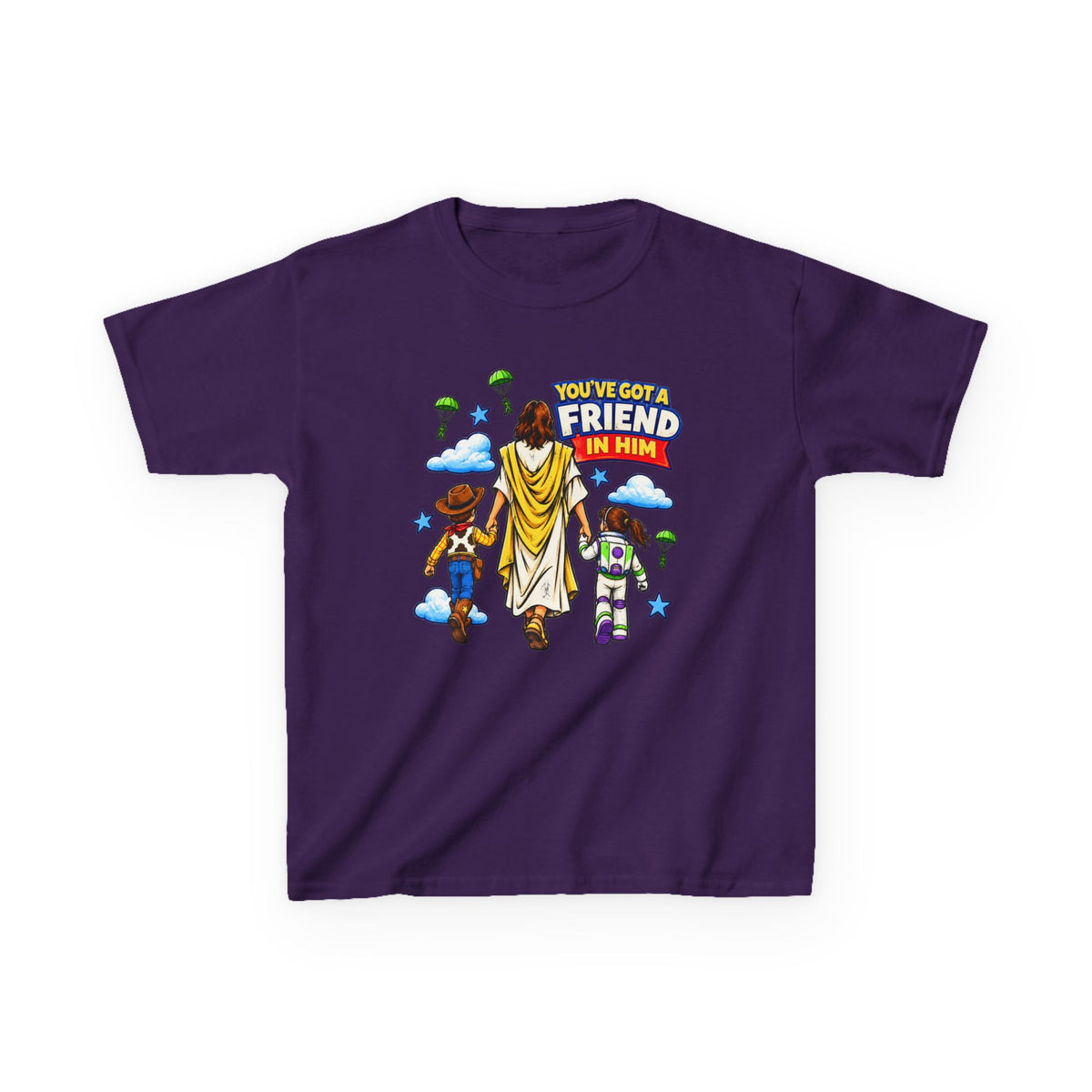 Kids Tee — "You've Gotta Friend in Him" Inspirational Jesus & Toy Friends Graphic