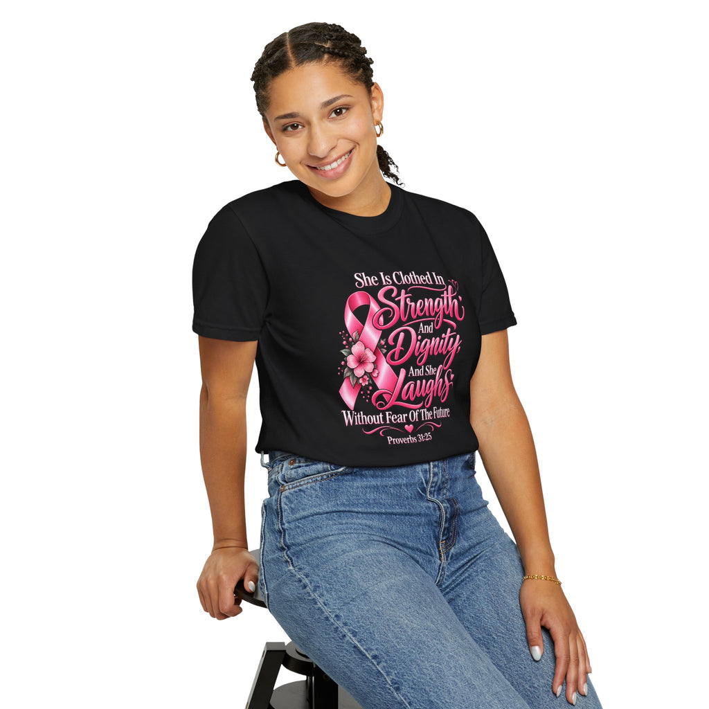 Breast Cancer Awareness T-Shirt — "She is Clothed in Strength" Pink Ribbon Tee