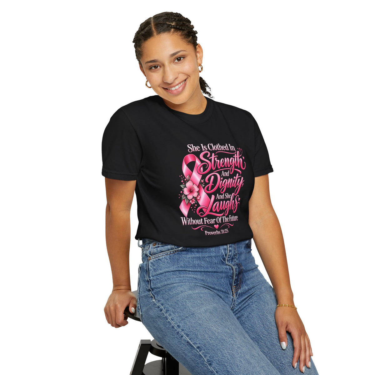 Breast Cancer Awareness T-Shirt — "She is Clothed in Strength" Pink Ribbon Tee
