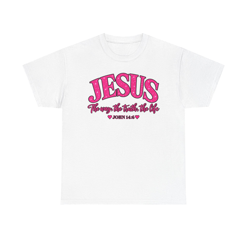 Christian T-Shirt — "JESUS The way, the truth, the life" (John 14:6) Pink Vintage Script