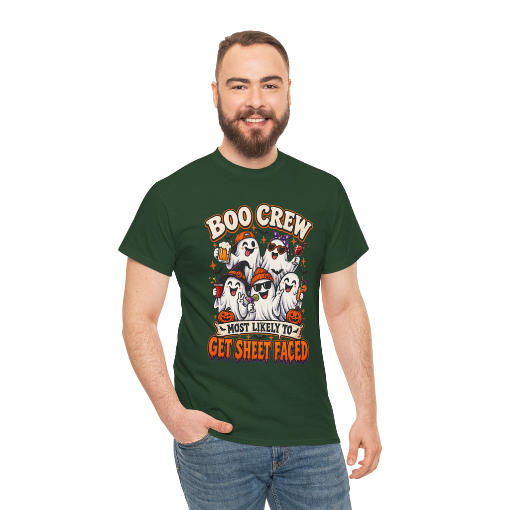 Boo Crew Halloween T-Shirt — “Most Likely to Get Sheet Faced” Funny Ghost Party Tee