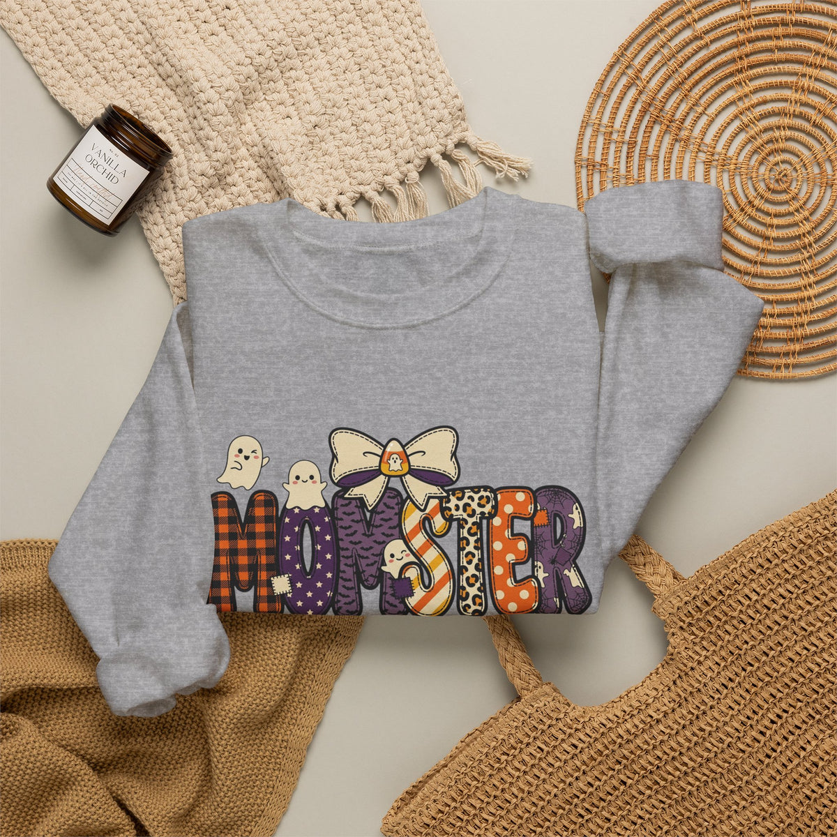 Momster Halloween Sweater | Momster Crewneck Sweatshirt, Halloween mom, purple orange spooky lettering